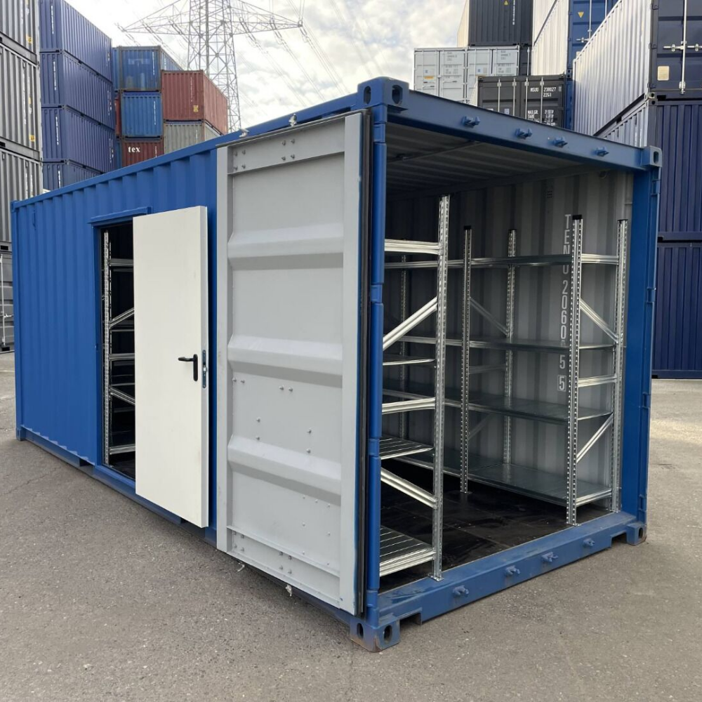 20 Fuß Lagercontainer Neu – mit Seitentür, Beleuchtung & Regalen | Robuster Stahlcontainer